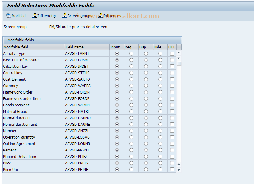 SAP TCode OIOPD - Field Selection for Order Opertn Detail