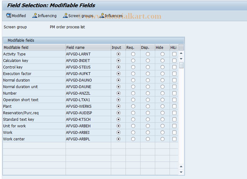 SAP TCode OIOPL - Field Selection for Order Opertn Detail