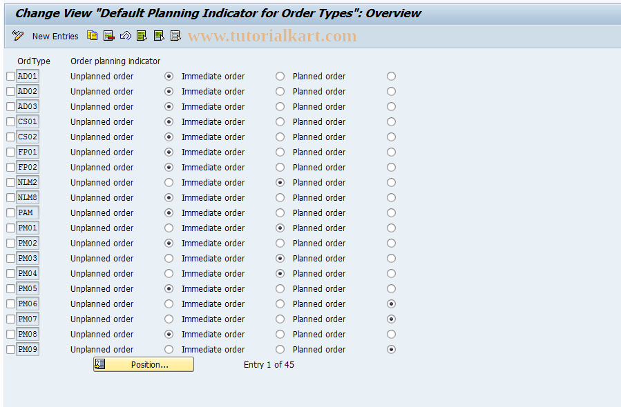 SAP TCode OIOS - Default Planning Indicator