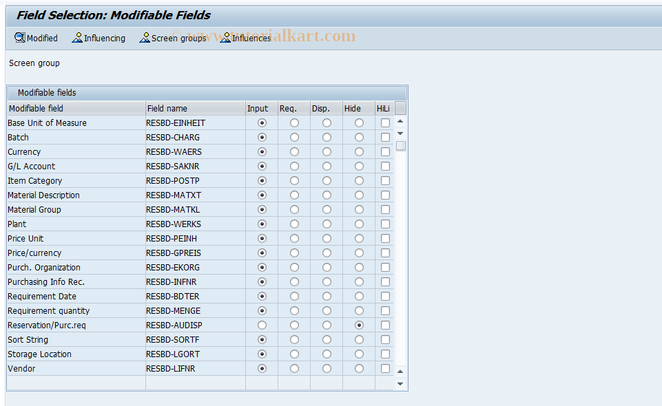 SAP TCode OIPSMKMAT - Field Selection PS Component List