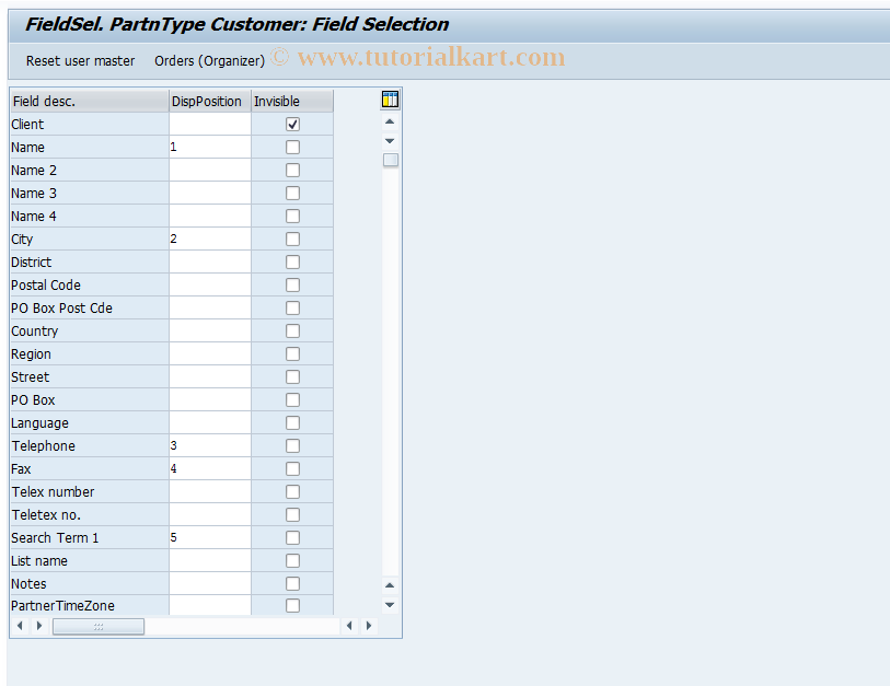 SAP TCode OIR1 - FieldSel. PartnType Customer