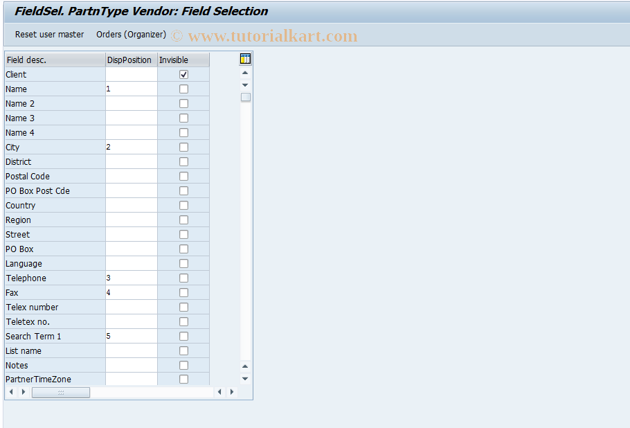 SAP TCode OIR2 - FieldSel. PartnType Vendor