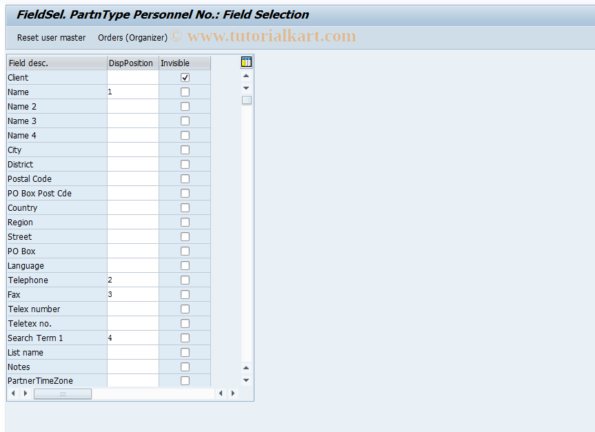 SAP TCode OIR3 - FieldSel. PartnType Personnel Number 