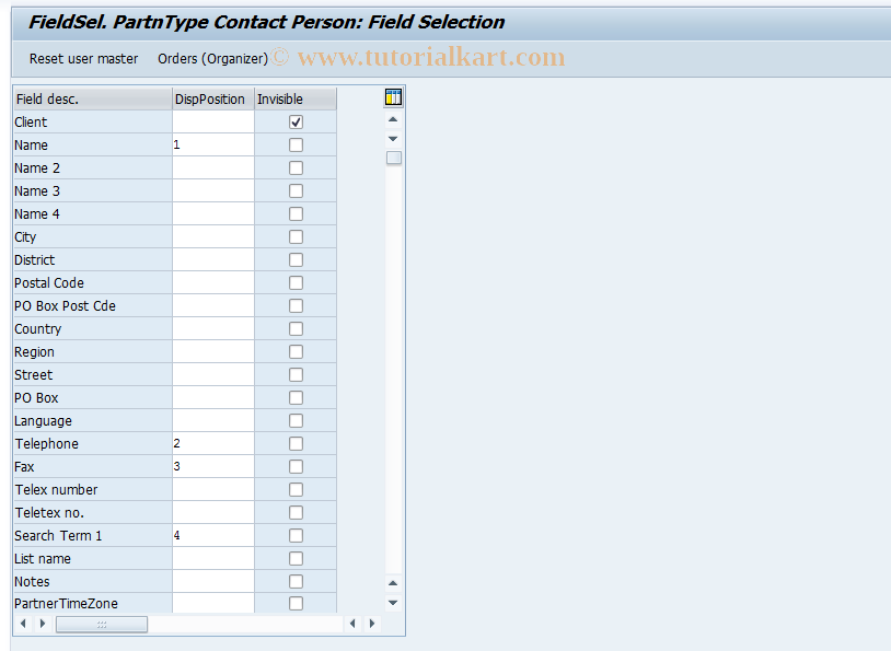 SAP TCode OIR4 - FieldSel. PartnType Contact Person