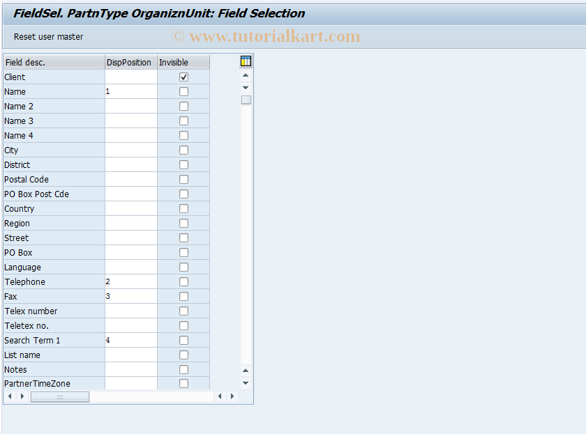 SAP TCode OIR5 - FieldSel. PartnType OrganiznUnit