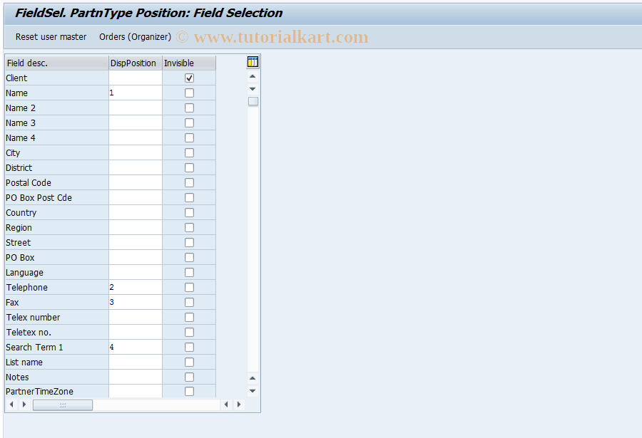 SAP TCode OIR6 - FieldSel. PartnType Position