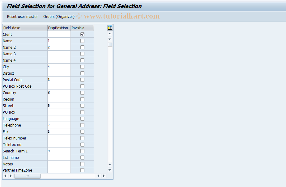 SAP TCode OIR8 - Field Selection for General Address