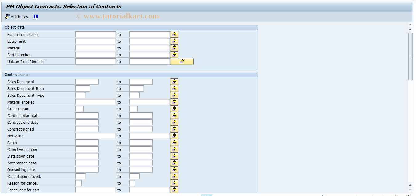 SAP TCode OIRB - PM Object Contracts