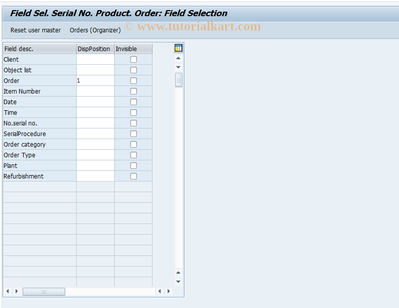 SAP TCode OIRE - Field Sel. Serial Number Product. Order