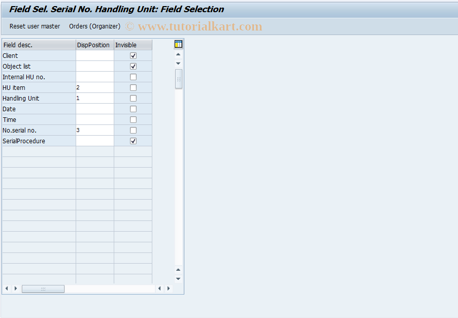 SAP TCode OIRE0 - Field Sel. Serial Number Handling Unit