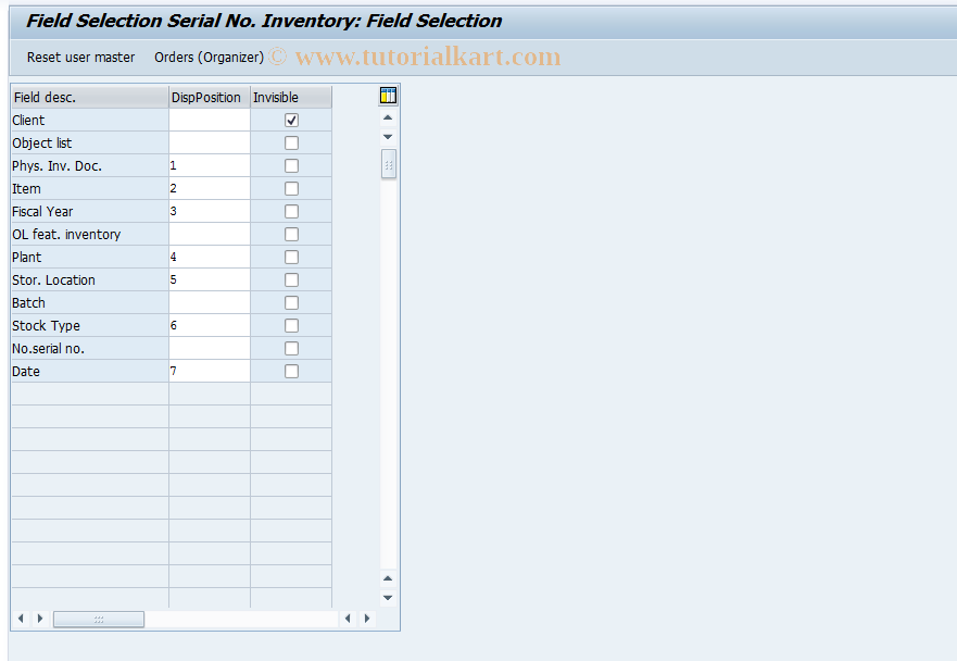 SAP TCode OIRE1 - Field Selection Serial Number Inventory