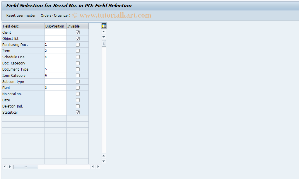 SAP TCode OIRE2 - Field Selection for Serial Number in PO