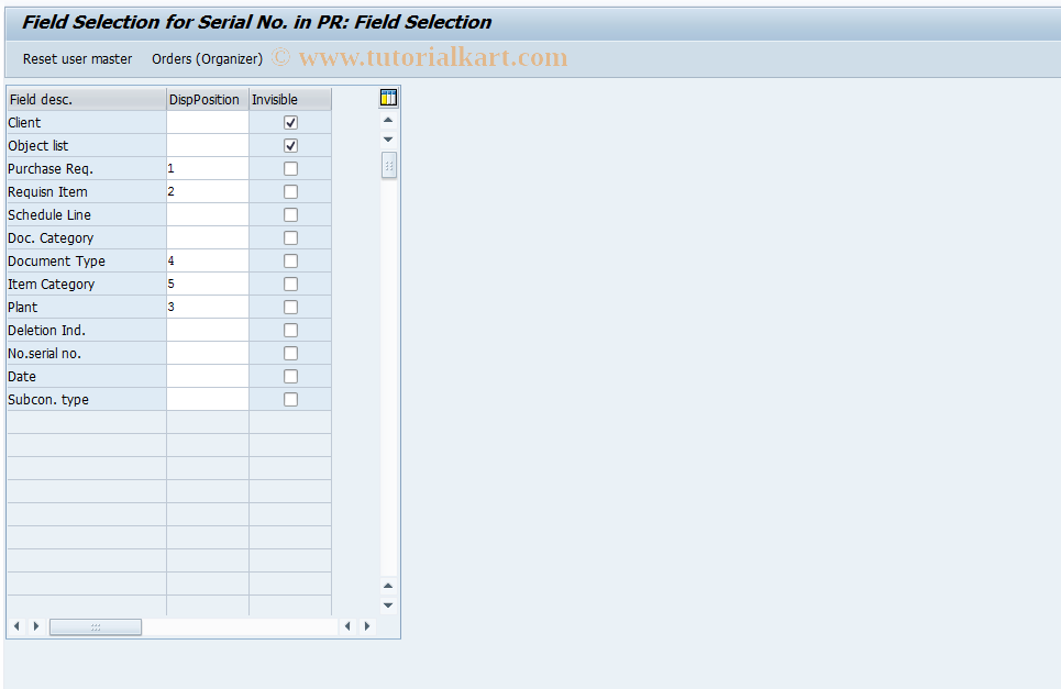 SAP TCode OIRE3 - Field Selection for Serial Number in PR