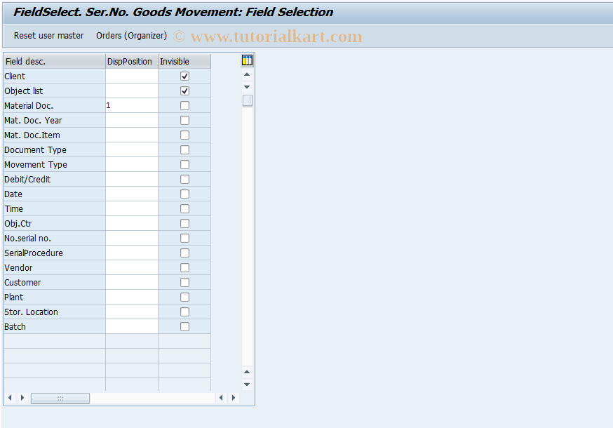 SAP TCode OIRM - FieldSelect. Ser.Number Goods Movement