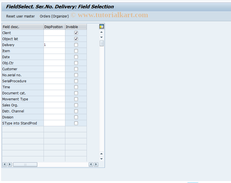 SAP TCode OIRN - FieldSelect. Ser.Number Delivery