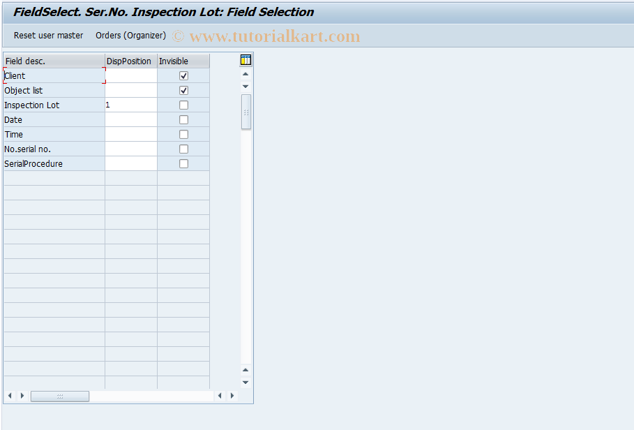 SAP TCode OIRO - FieldSelect. Ser.Number Inspection Lot