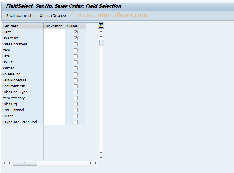 SAP TCode OIRP - FieldSelect. Ser.Number Sales Order