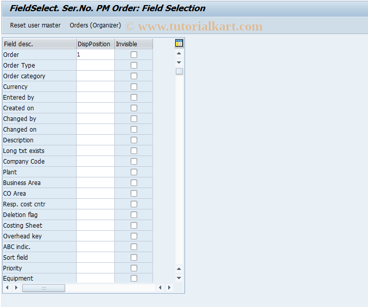 SAP TCode OIRQ - FieldSelect. Ser.Number PM Order