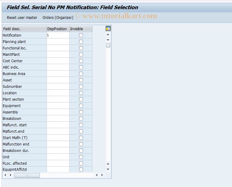 SAP TCode OIRR - Field Sel. Serial No PM Notification