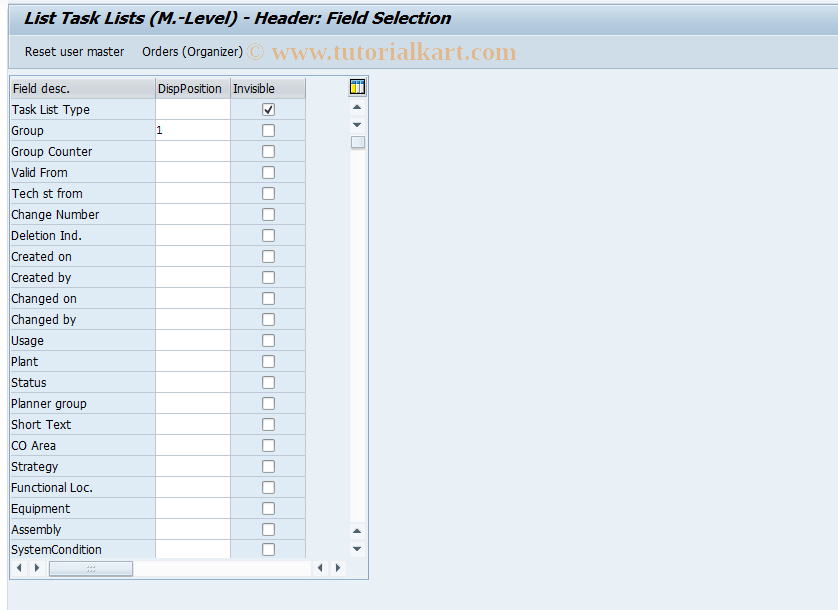 SAP TCode OIRT - List Task Lists (M.-Level) - Header