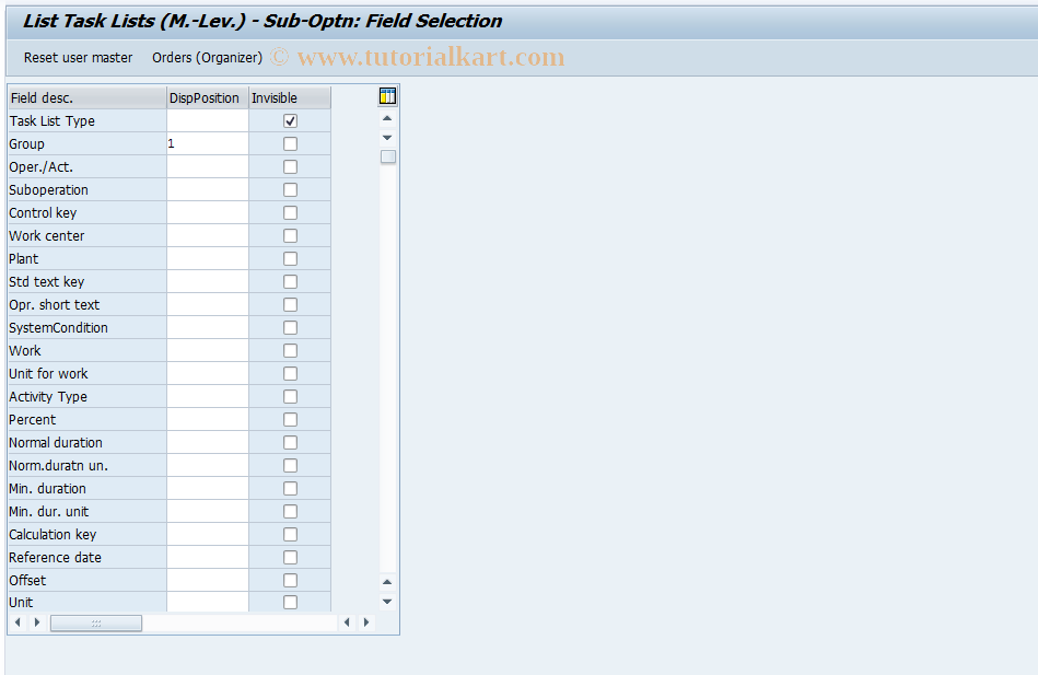 SAP TCode OIRV - List Task Lists (M.-Lev.) - Sub-Optn
