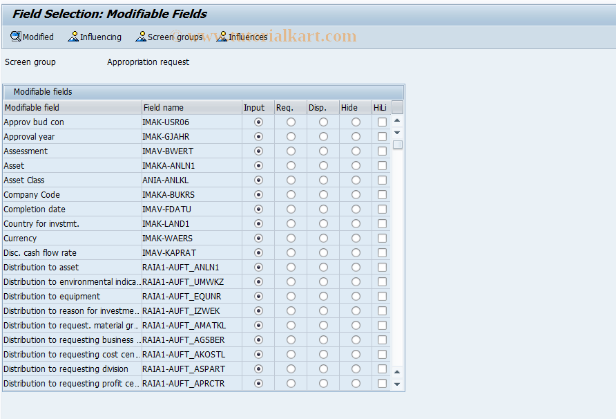 SAP TCode OITL - Field selection for app. request