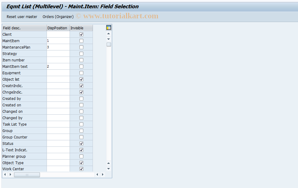 SAP TCode OIUX1 - Eqmt List (Multilevel) - Maintenance Item