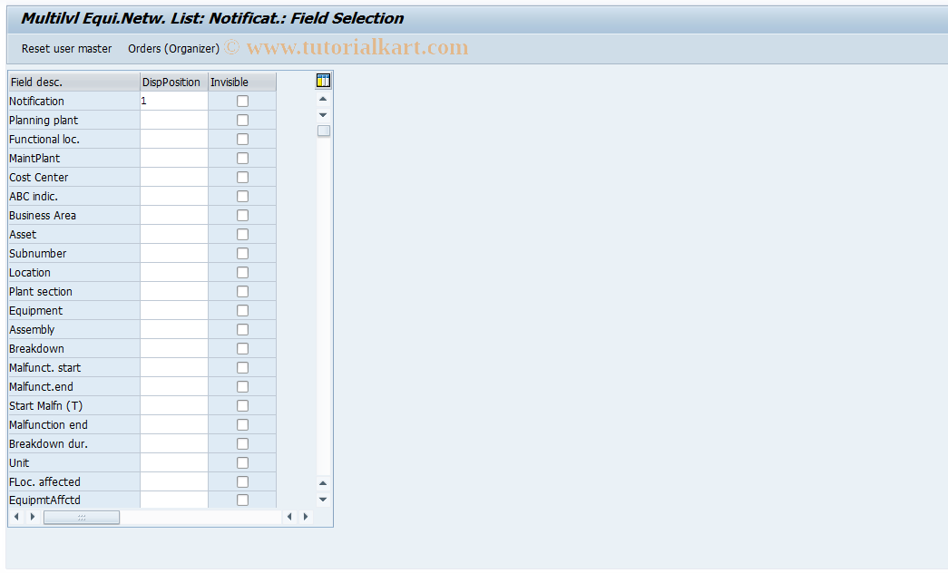 SAP TCode OIUXS - Multilvl Equi. Network List: Notificat.