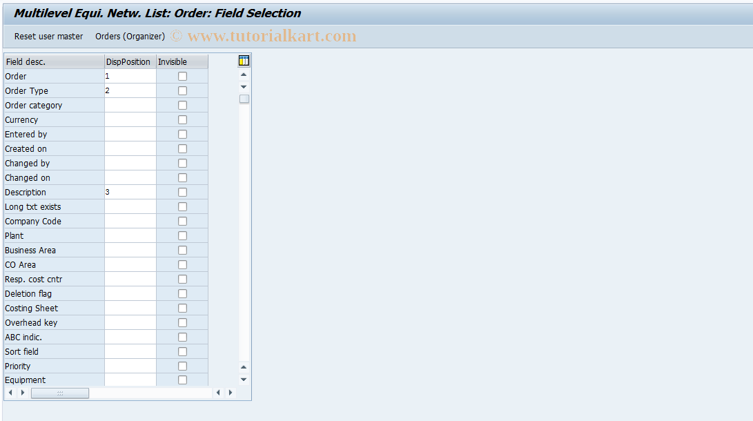 SAP TCode OIUXT - Multilevel Equi. Network List: Order