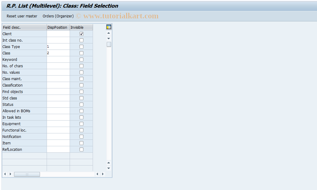 SAP TCode OIX8R - R.P. List (Multilevel): Class