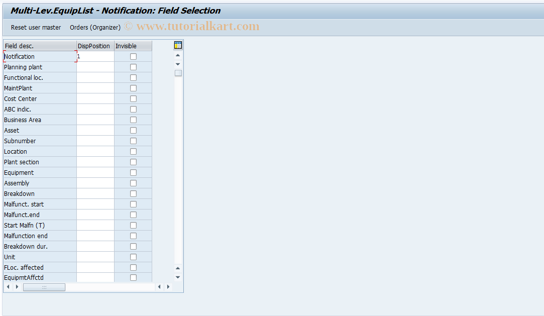 SAP TCode OIXG - Multi-Lev.EquipList - Notification