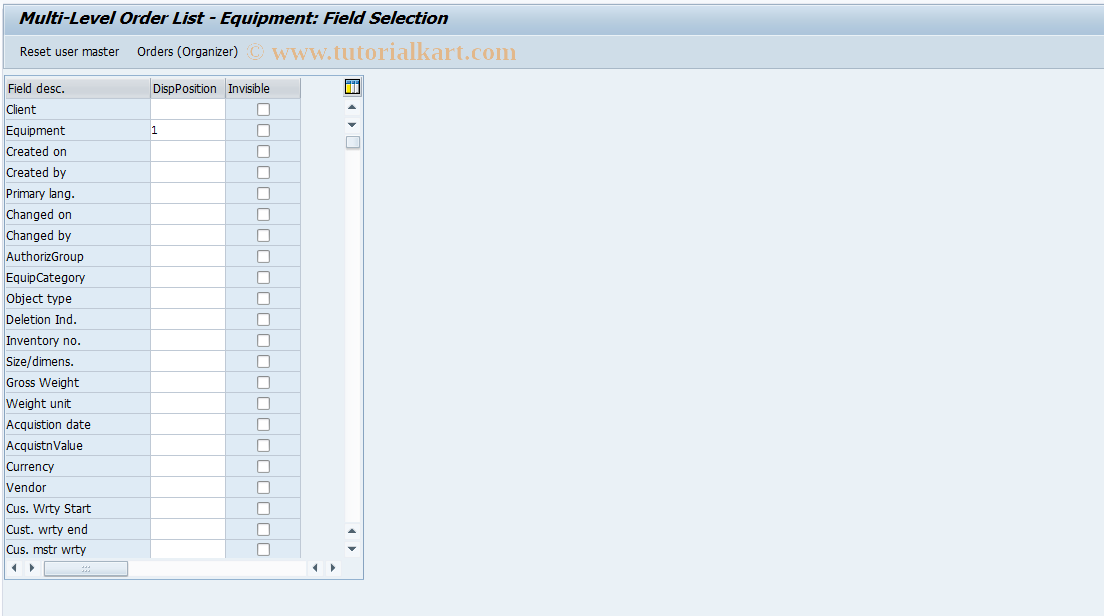 SAP TCode OIXY - Multi-Level Order List - Equipment