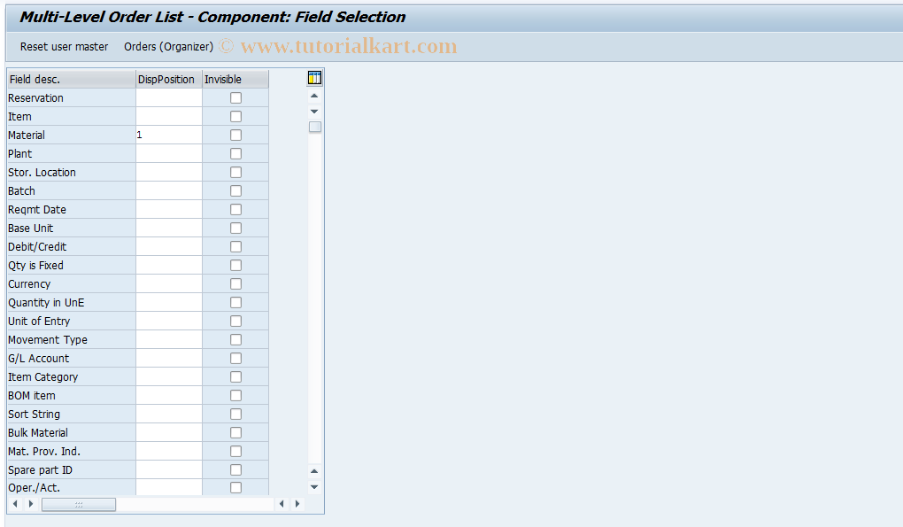 SAP TCode OIYR - Multi-Level Order List - Component
