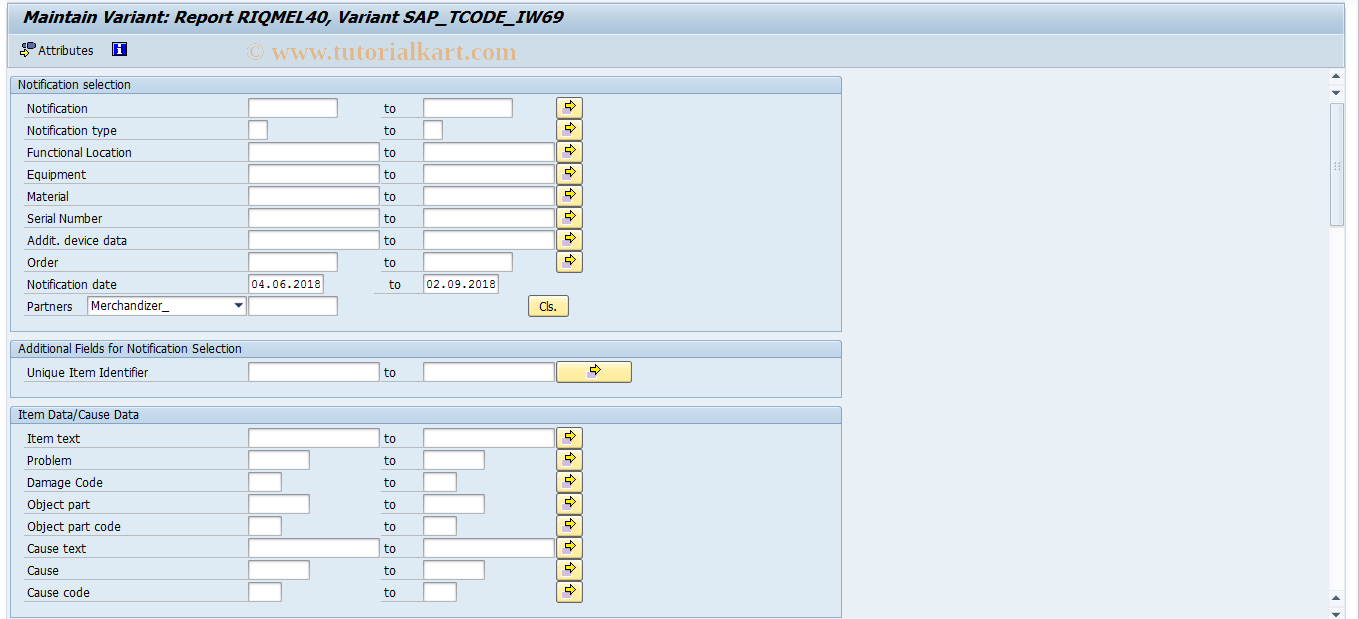 SAP TCode OIYZ - Notification Item List