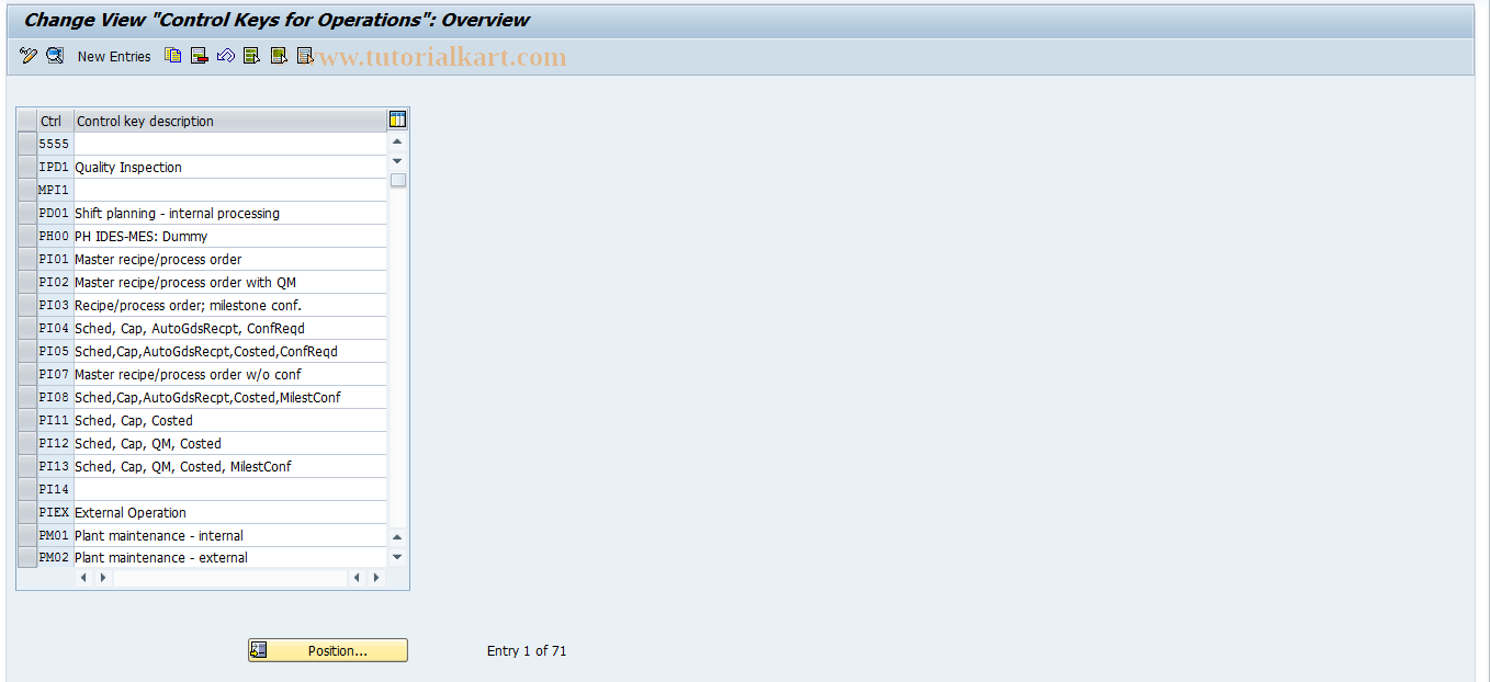 SAP TCode OIZ5 - Operation Control Keys