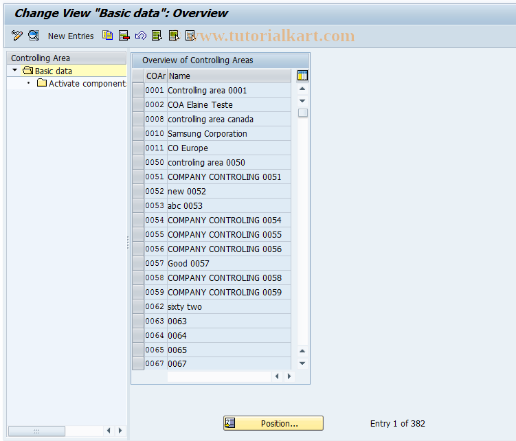 SAP TCode OK01 - Controlling Area: Components/StKFs