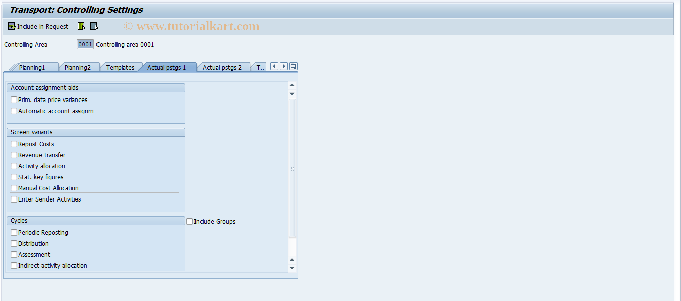 SAP TCode OKE8 - Transport Actual Posting Settings