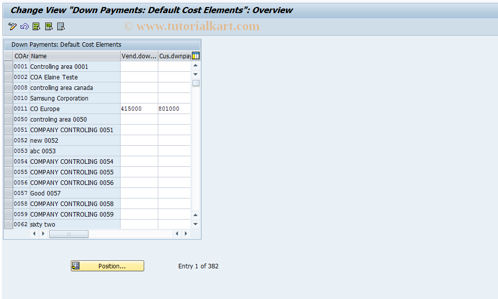 SAP TCode OKEP - Down Payment: Maintain Default CElem