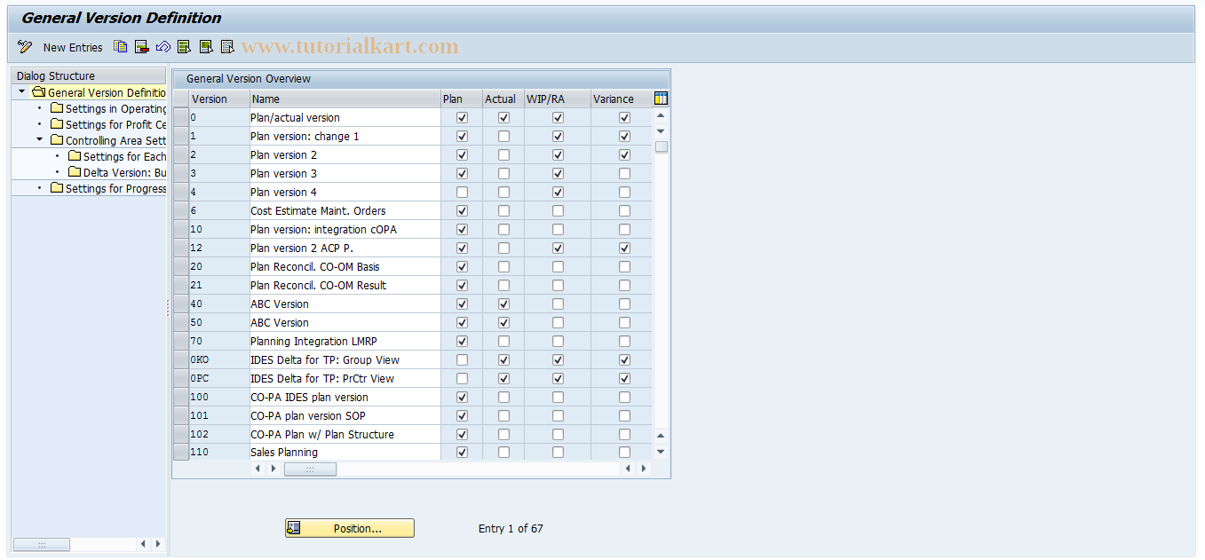 SAP TCode OKEQ - Maintain Versions (General)