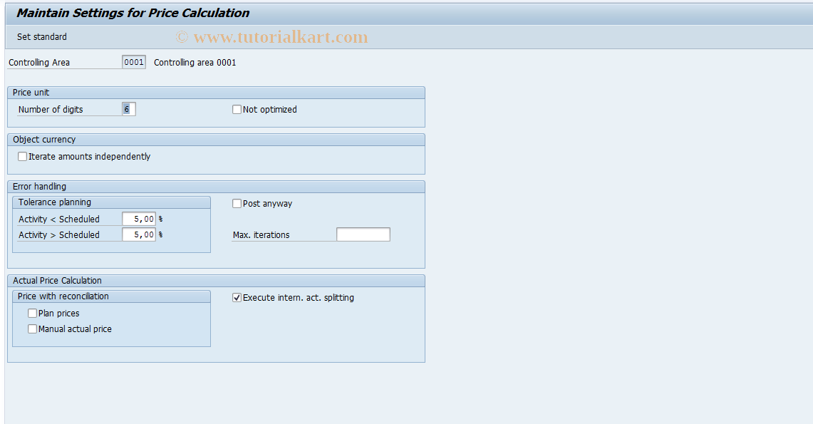 SAP TCode OKET - Maintain Price Calculation Settings