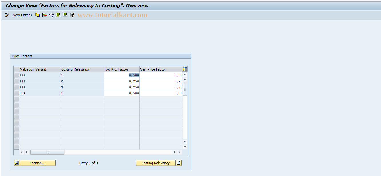 SAP TCode OKK7 - Price Factors for Costing Relevancy