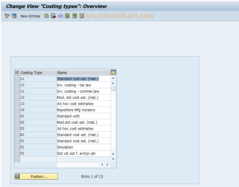 OKKI SAP Tcode Costing Types for Product Costing Transaction Code