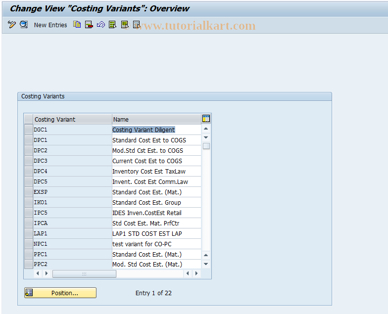 SAP TCode OKKN - Costing Variants for Product Costing