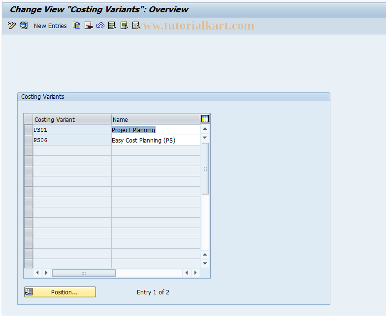 SAP TCode OKKT - Costing Variants for Projects