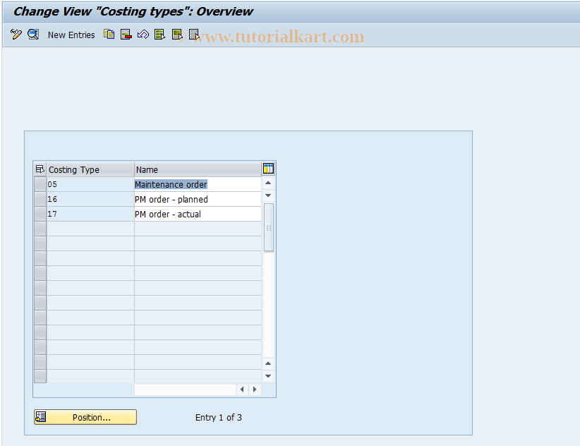 SAP TCode OKP7 - Costing Types for PM Order