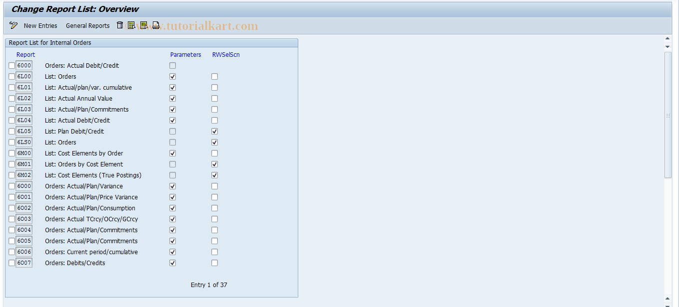 SAP TCode OKR1 - Report List for Internal Orders