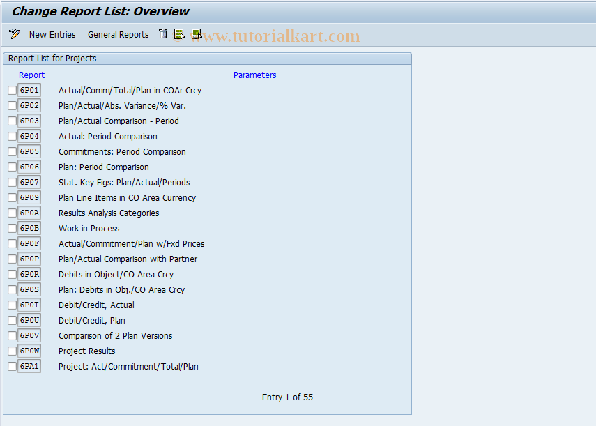 SAP TCode OKR7 - Report List for Projects