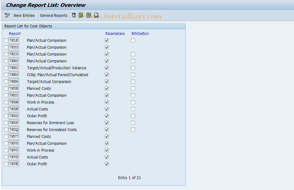 SAP TCode OKT7 - Report List: General Cost Objects