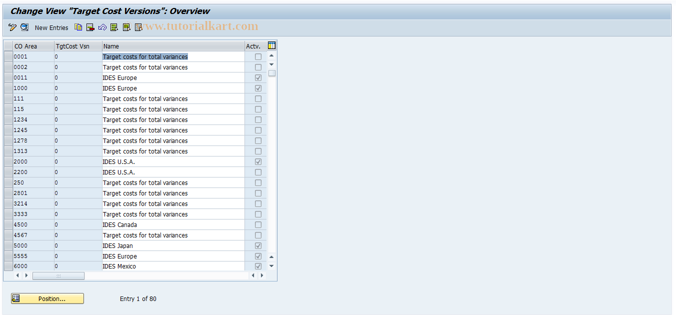 SAP TCode OKV5 - Maintain Tgt Cost Vers for Cost Ctrs