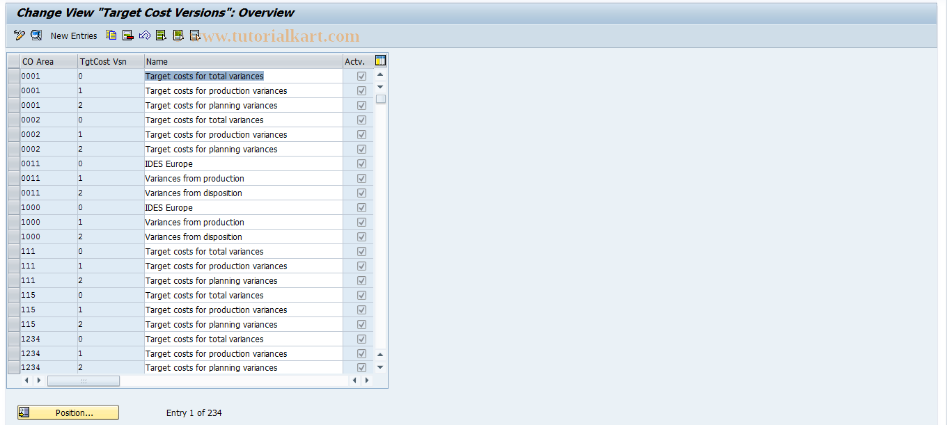 SAP TCode OKV6 - Target Cost Versions for Orders